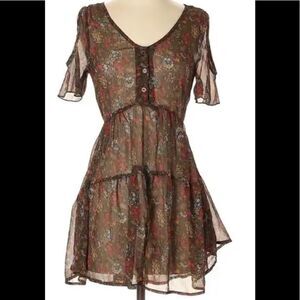 Band of Gypsies Brown Floral Chiffon Mini Casual Dress sz S